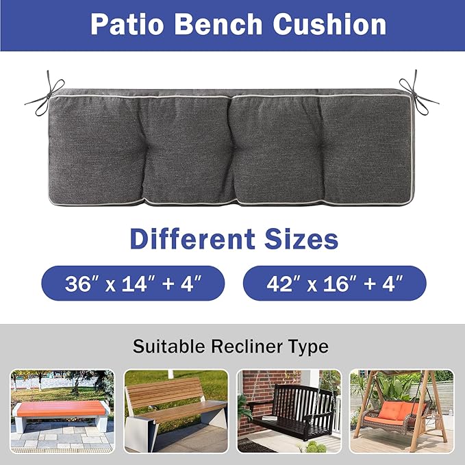 Bench Cushions for Outdoor Furniture, 36 x 14 Inch Outdoor Bench Cushion, Patio Bench Cushion with Durable Ties, Long Patio Seat Cushions for Garden, Indoor, Kitchen&Dining, Dark Grey