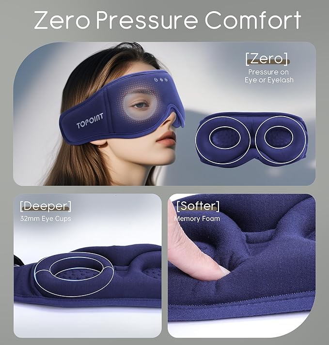 Sleep Mask with Headphones Bluetooth 5.4, TOPOINT 3D Eye Mask Blackout with Soft Bamboo Cotton for Side Sleepers Women Men, Sleep Headphones Earphones HD Speaker Microphone for Travel Meditation Gift