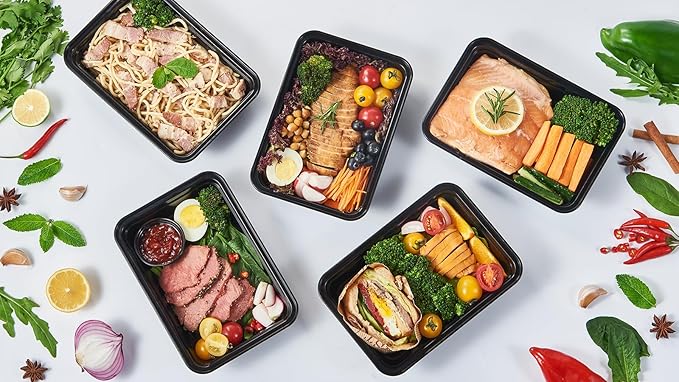 FULING 32 oz 150Pack Plastic Meal Prep Food Storage Containers with Lids Reusable 1 Compartment To Go Lunch Box Black Extra Large &Thick Microwave Freezer Dishwasher Safe BPA Free Stackable