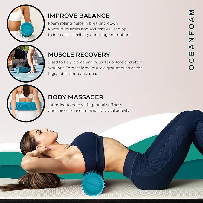 Oceanfoam Soft Tidal Roller (Miami Blue) - Low Density Foam Roller for Physical Therapy, Back Pain, Exercise & Stretching - Wave Textured - Yoga, Athletics, & Wellness - Full Size, 20" x 5"
