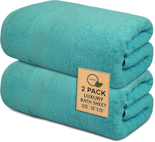 100% Cotton Luxury Bath Sheets - Pack of 2 (35" x 70") | Super Soft, Quick-Dry & Highly Absorbent Towels for Bathroom, Home, Spa & Gym (Turquoise)
