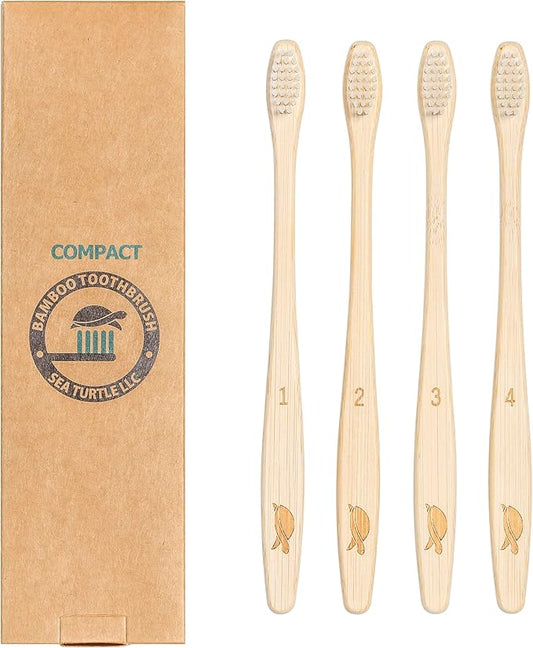 Sea Turtle Plant-Based Bristles, Compact Bamboo Toothbrushes, Soft Natural Toothbrush for Adults (4 Pack)