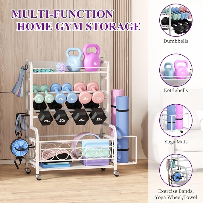 400LBS Dumbbell Rack, VOPEAK Adjustable Weight Rack for Home Gym, Home Gym Storage Rack for Yoga Mat Kettlebells and Strength Training Equipment, Weight Storage Rack for Dumbbells with Wheels