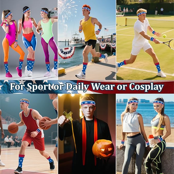 ONUPGO 5 Pieces Sweatbands Striped Socks Set Sports Headband Wristbands High Tube Socks 80s Accessories Costumes