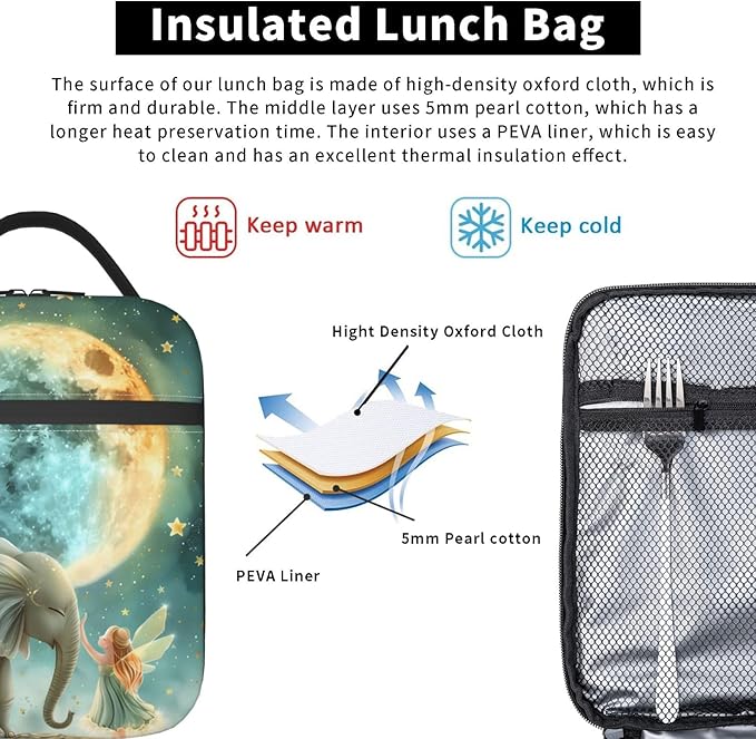 Insulated Lunch Box for Women Men, Elephant Theme Lunch Box Reusable Portable Lunch Bag Cooler Tote Waterproof Lunch Container for Office Picnic Work Travel