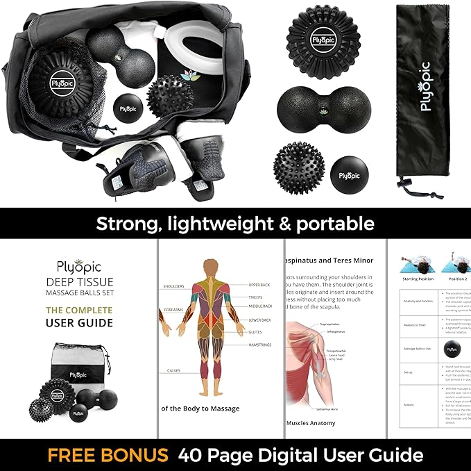 Deep Tissue Massage Ball Set – Set of 4: Lacrosse, Spiky, Peanut and 5” Foam Roller Massager Balls for Muscle Massage, Mobility, Trigger Points and Myofascial Release