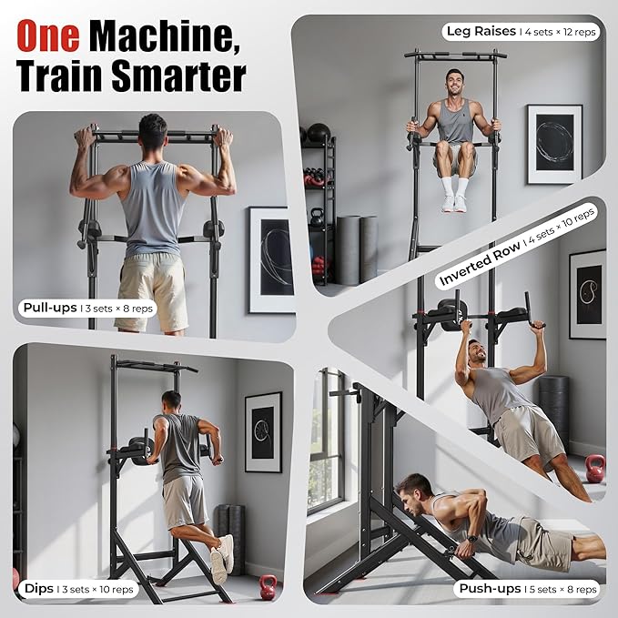 Sportsroyals Power Tower Pull Up Bar Station, 450LBS Stable Pull Up Dip Station for Home Gym Strength Training Equipment