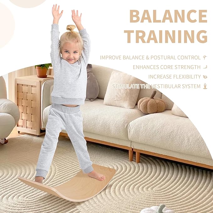 Balance Board, 32 Inch Wooden Wobble Board, Montessori Rocker Yoga Curvy Board Natural Wood, Open Ended Learning Toy, Sensory Play Equipment for Office & Classroom, Multiple Colors