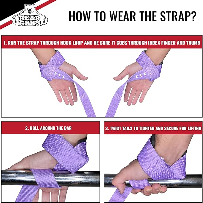 Bear Grips Lifting Straps - Gym & Weightlifting Straps for Men & Women, Deadlift Support, 2 Pairs