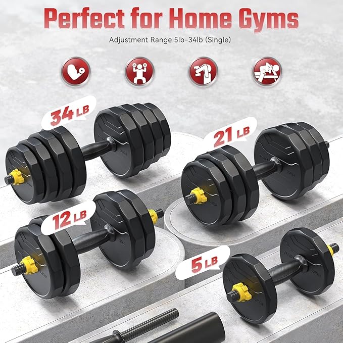 FEIERDUN Adjustable Dumbbells, 20/30/40/45/70/90lbs Free Weight Set with Connector, 5 in1 Dumbbells Set Used as Barbell, Kettlebells, Push up Stand, Weight Plate, Fitness Exercises for Home Gym Suitable Men/Women