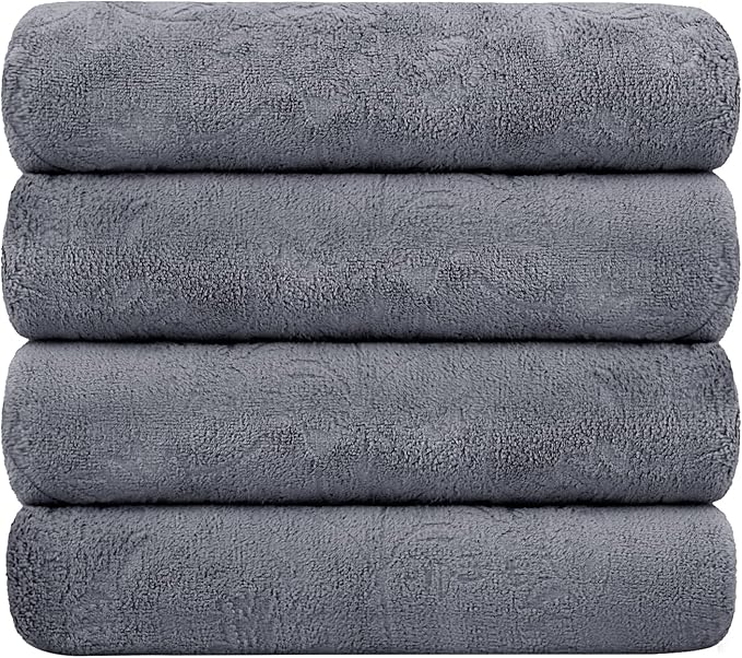 JML Bath Towels 4 Pack, Oversized Microfiber Bath Towels for Adult Men Women, 30" x 60", Large, Soft and Super Absorption Multipurpose for Bath, Beach, Pool, Sport - Grey Floral Pattern