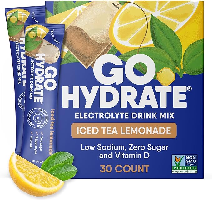 GoHydrate Instant Hydration Powder Packets- Low Sodium Electrolytes Drink Mix with 36mg Caffeine -Natural Hydration Support, Sugar Free Electrolyte Flavored with Vitamin D, 30 Packs, Iced Tea Lemonade