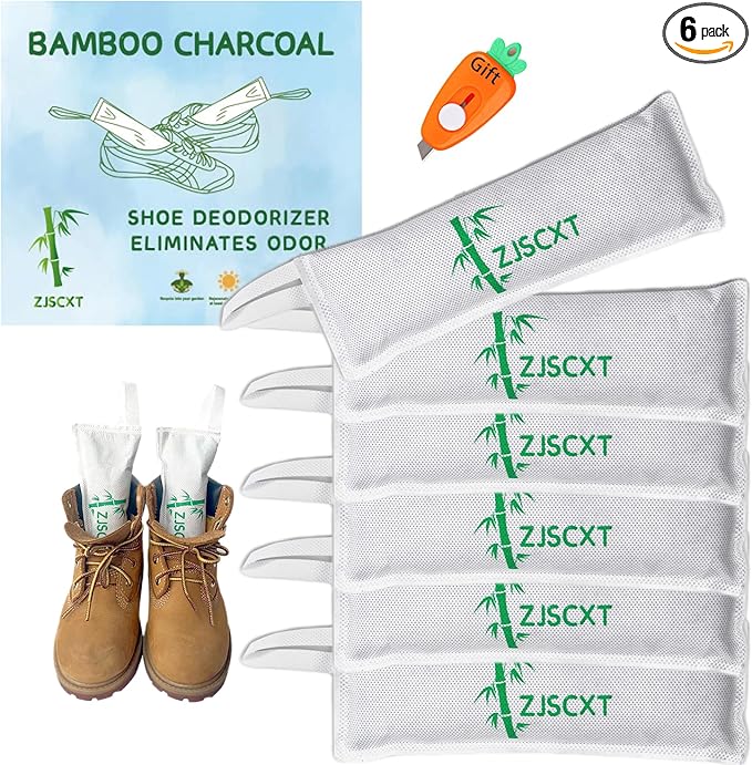 Charcoal Shoe Odor Deodorizer Inserts - Smells Eliminator for Sneakers, Boot and Gym Bag with Box Opener (6Packs, 2.8OZ/Pack)