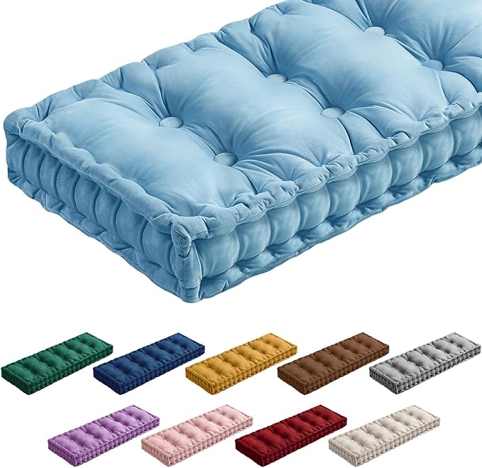 Bench Cushions for Indoor Furniture 42x16 in Velvet Kitchen Dining Piano Window Seat Cushion, Tufted Patio Porch Swing Thicken Bench Pad Memory Foam(Water Blue)