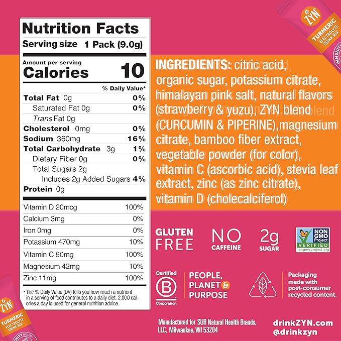 ZYN Electrolyte Drink Mix Hydration Packets, Strawberry Yuzu Electrolytes Powder, Hydration Packets w/Turmeric Curcumin, Vitamin C & D, Zinc, Hydrate & Recover Electrolyte Powder, Pack of 16