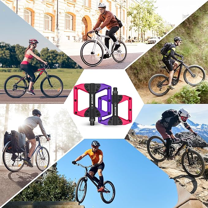 BUCKLOS MTB Flat Pedals Mountain Bike Pedals, 3 Bearings CNC Adult Road Bike Pedals, Bicycle Platform Aluminum Alloy Non-Slip Pedal for Gravel Bike/BMX 9/16"(Black)