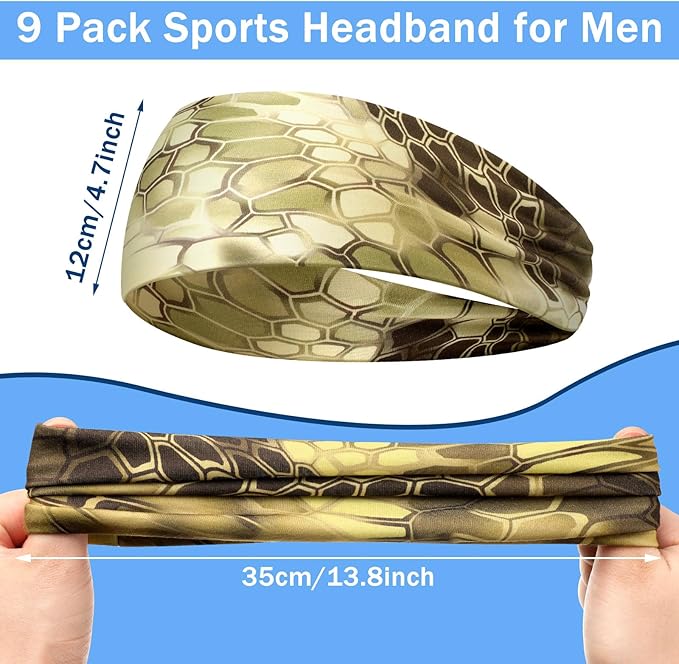 9 pcs Sweatbands for Men Workout Sport Headbands for Men Camo Headband Sweat Absorbing Headband Wide Sweatband for Head Basketball Football Cycling Running Yoga, 4.7 x 9.8 Inch