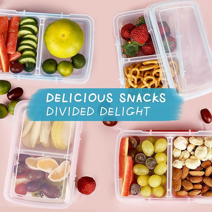 4 Pack Plastic Snack Containers with Lids, 2 Compartment Food Container for Kids Snack Box, Travel Bento Lunch Containers with forks for Fruits/Candies, Divided Food Storage Containers for School