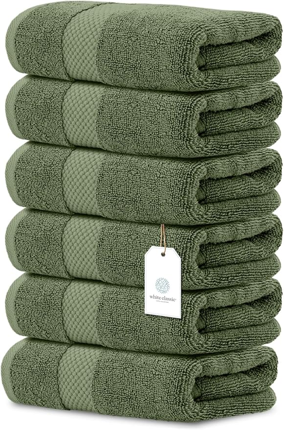 White Classic Luxury Hand Towels for Bathroom-Hotel-Spa-Kitchen-Set - Circlet Egyptian Cotton - 16x30 Inches - Set of 6 (Forest Green)