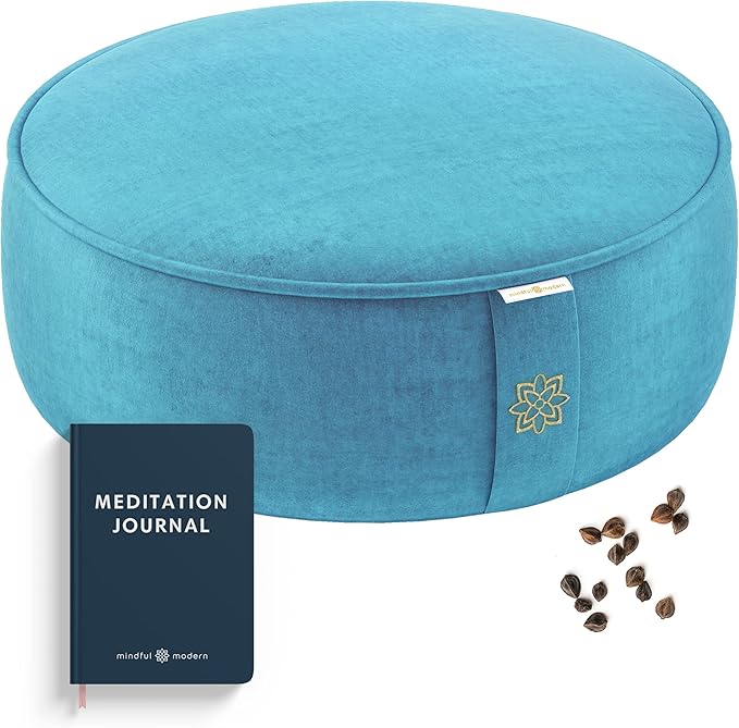 Mindful Modern Velvet Meditation Cushion | Luxe Zafu Yoga Floor Pillow Seat | Posture Support | Buckwheat Hull Filled | Large Round Cushion with Removable Washable Cover + Carry Handle