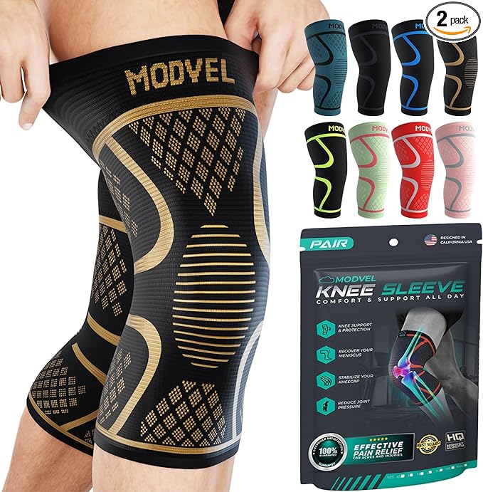 Modvel 2 Pack Knee Brace for Women & Men - Workout Knees Compression Sleeve for Knee Pain Relief Joint Support for ACL, Arthritis, Meniscus Tear Knees Brace for Sports, Rodilleras para Gym Fitness