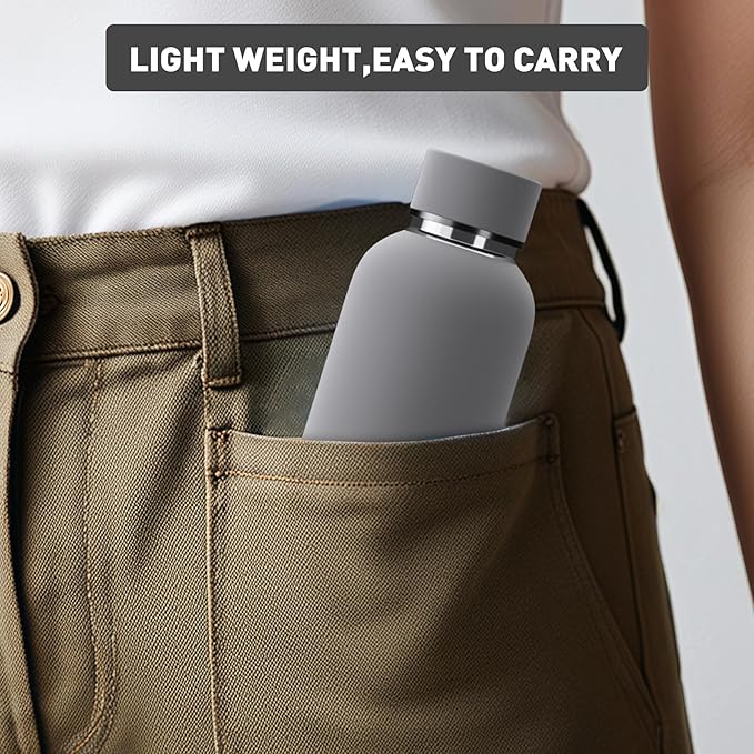 Small Water Bottle 12oz with Clip, Double Wall Stainless Steel Vacuum Small Insulated Water Bottle Keeps Drinks Cold 24 Hrs/Hot 12 Hrs for Kids Handbag School BPA Free (Grey)