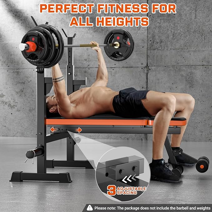 Fostoy Weight Bench, 770lbs Bench Press With Squat Rack, Adjustable Weight Benches for Home Gym, Olympic Workout Bench for Full Body Fitness, Flat Incline Bench With Removable Foot Catch