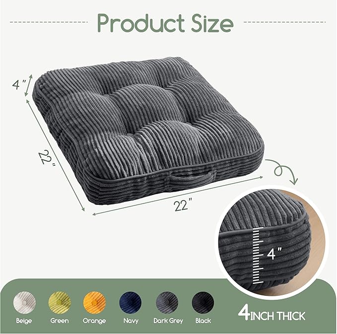 HIGOGOGO Washable Floor Pillow Cushion for Adults, Meditation Cushion Pillow, Large Square Floor Sitting, Removable Tufted Corduroy Cover, for Tatami Living Room or Yoga, 22x22 Inch, Machine Washable
