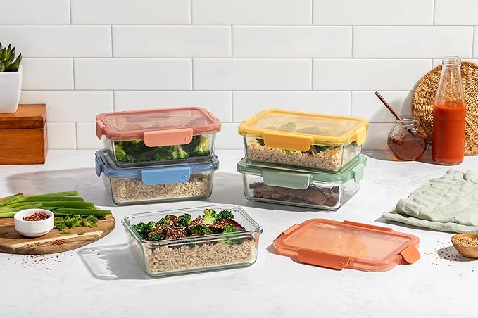 Ello Color Lock 5 Cup 10PC, 5 Pack Glass Meal Prep Sets Leak-Proof Glass Food Storage Containers with Airtight BPA-Free Plastic Lids, Dishwasher, Microwave, and Freezer Safe, Desert Festival