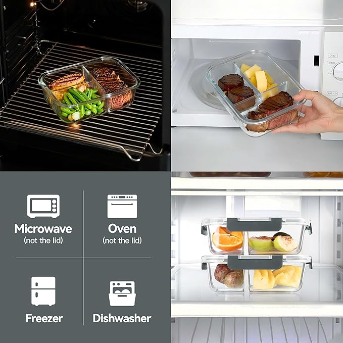 BAYZZ 5 Pack 35 Oz Glass Meal Prep Containers 3 Compartments, Glass Food Storage Containers, Lunch Bento Box with Airtight Lids, Microwave, Freezer & Dishwasher Safe