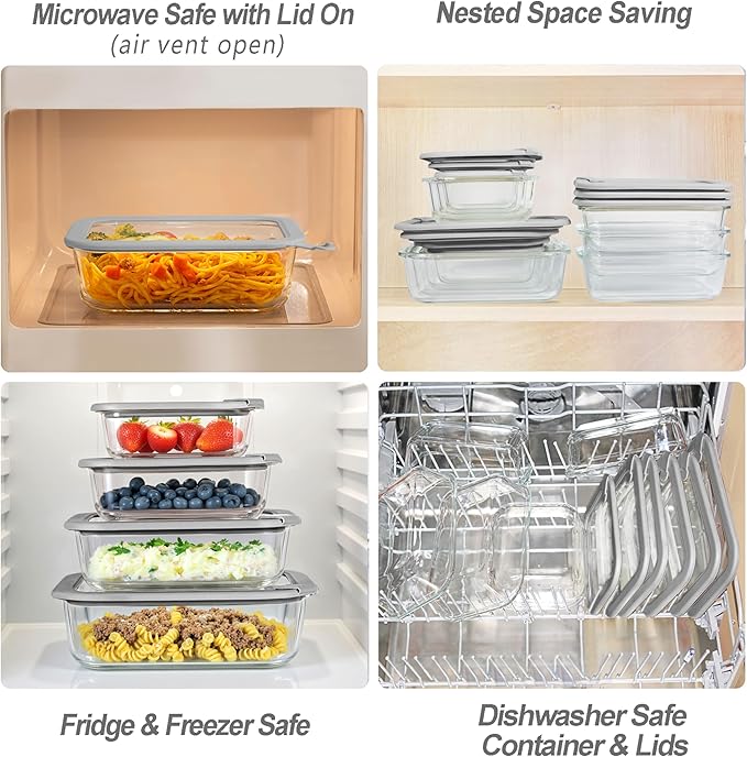 Glass Food Containers with Glass Lid, Microwave Safe Food Storage Container Set, 6 Pack Square Shape, Large Size Airtight Storage Set with Leak Proof Lids, Meal Prep Containers