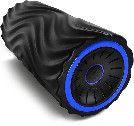 Zyllion Rechargeable Vibrating Foam Roller with 4 Speeds - Cordless Electric Deep Tissue Massager for Muscle Pain Relief, Black/Blue, ZMA-22