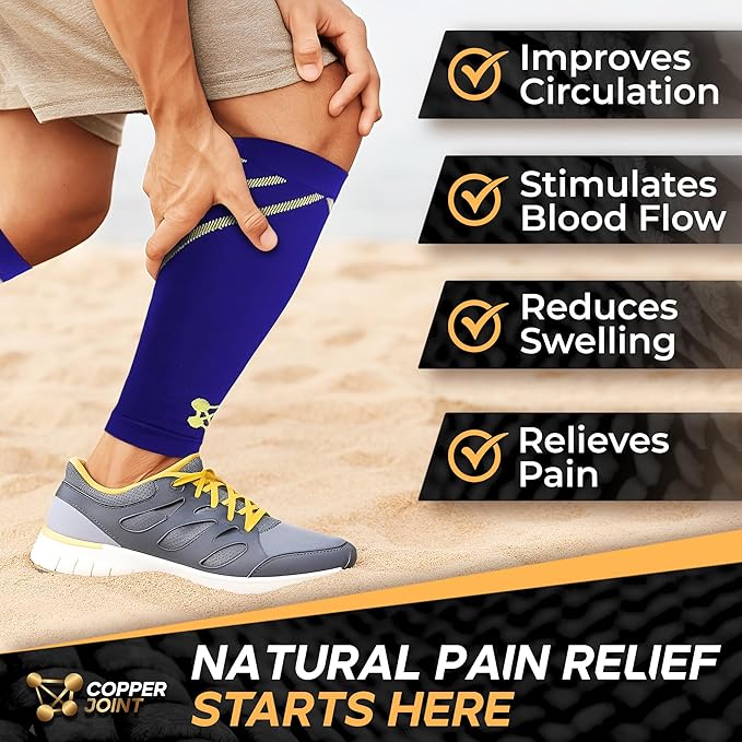 CopperJoint Running Calf Compression Sleeve Women – Easy-On Footless Calf Compression Sleeves for Men, Support Mens Leg Sleeves for Runners, Basketball, Sports, Copper Infused Nylon - Blue, X-Large