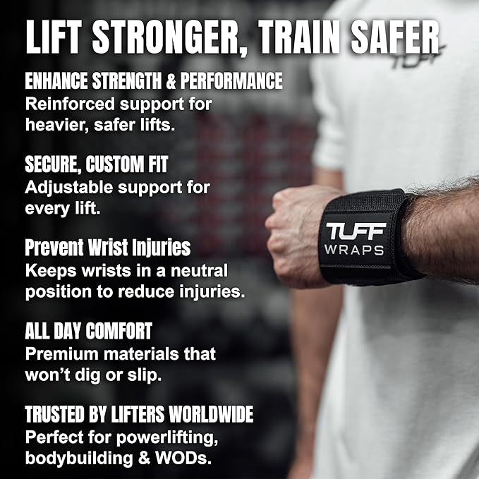 TuffWraps 16" Wrist Wraps: No Thumb Loops, Quality Gym Wrist Wraps for Weightlifting, Bench Press, Powerlifting, and Cross-Training—Try The Belt Loop Tightening System