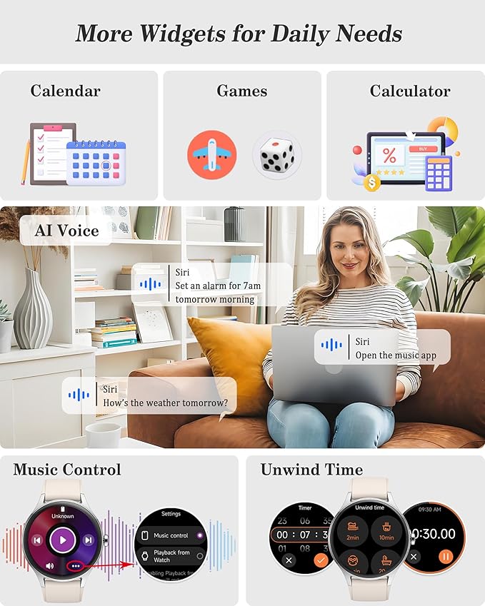 Smart Watch, 41mm Fitness Tracker, Answer/Make Calls, Digital Smartwatch with Heart Rate/Stress/Sleep Monitor, AI Voice, IP68 Waterproof Watch Calculator, Calendar, Games for Lady Women & Men