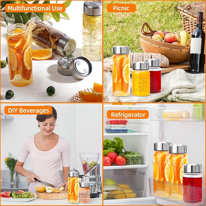 Glass Juice Bottles 6 Pack 10 oz - Wide Mouth Glass Water Bottles with Lids - for Juicing, Smoothies, Milk, Protein, BPA Free, Reusable, Stainless Steel Lids, Leak Proof, Shaker bottle (10oz/300ml)