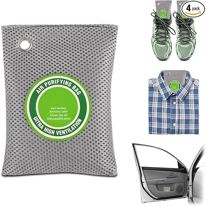4 Pack charcoal odor absorber,Bamboo Charcoals Air Purifying Bag Charcoals Deodorizer Eliminator for Strong Odors in Car, Closet, Shoe, Basement (200G*4 Pack Gray, Unscented)