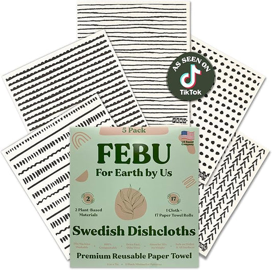 FEBU Swedish Dishcloths for Kitchen | 5 Pack Black Minimalist Reusable Paper Towels Washable | Swedish Dish Towels | Non-Scratch Cellulose Sponge Cloths | No Odor, Biodegradable Cleaning Cloths