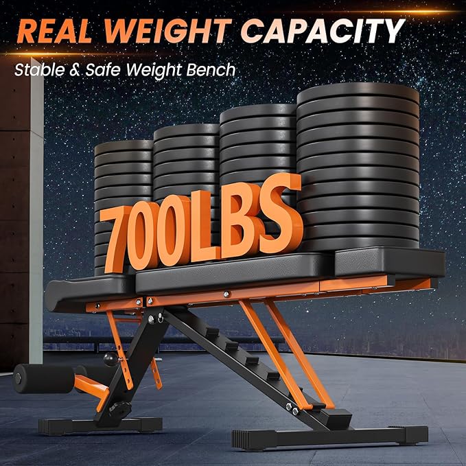 700LBS Adjustable Weight Bench with Headrest - Bonvork Foldable Workout Bench Press with Thickened Steel for Home Gym,Incline Strength Training Exercise Bench for Full Body with 3 Sec Fast Folding