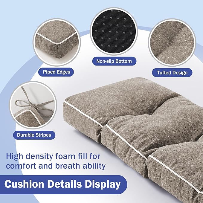 Bench Cushions for Outdoor Furniture, 42 x 16 Inch Outdoor Bench Cushion, Patio Bench Cushion with Durable Ties, Long Patio Seat Cushions for Garden, Indoor, Kitchen&Dining, Khaki