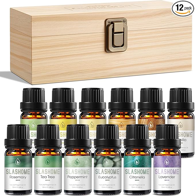 Essential Oils for Diffusers for Home – 12-Pack Essential Oil Set for Sleep & Refreshing Scents – Premium Aromatherapy Diffuser Oils Scents for Home in Wooden Gift Box, Best Gift for Any Occasion