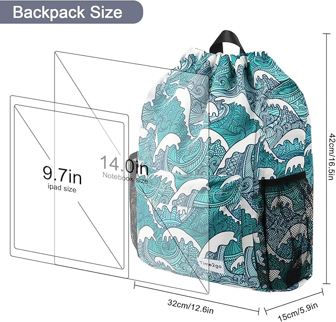 Drawstring Backpack Sports Gym Sackpack with Mesh Pockets Water-Resistant String Cinch Beach Bag for Men Women(Blue Waves)