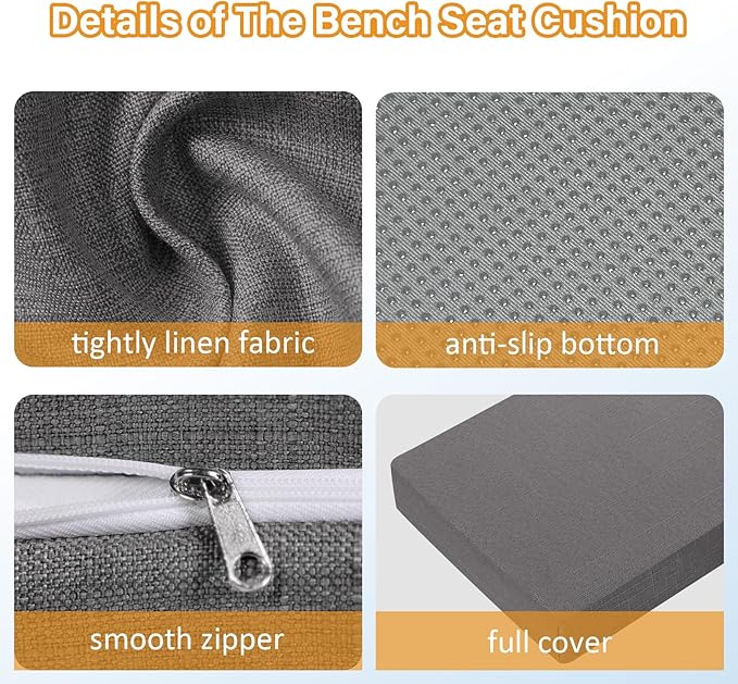 32x12x2 Linen Bench Cushion, Strengthen Breathable Indoor Seat Cushions, High-Density Bench Pad with Anti-Slip Bottom, Indoor Cushion for Bay Window Porch Furniture - Grey