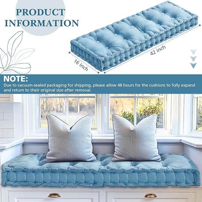 Bench Cushions for Indoor Furniture 42x16 in Velvet Kitchen Dining Piano Window Seat Cushion, Tufted Patio Porch Swing Thicken Bench Pad Memory Foam(Water Blue)