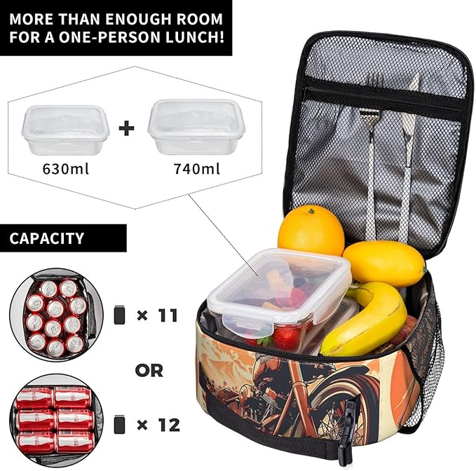 Insulated Lunch Box for Women Men, Vintage Motorcycle Theme Lunch Box Reusable Portable Lunch Bag Cooler Tote Waterproof Lunch Container for Office Picnic Work Travel