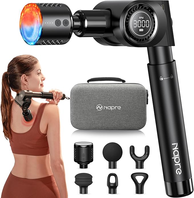 Massage Gun with Heat and Cold Head,Deep Tissue Percussion Back Massager for Muscle/Neck/Body Pain Relief with Long Extension Retractable Handle,32-Speeds,Foldable with 5 Adjustable Angles