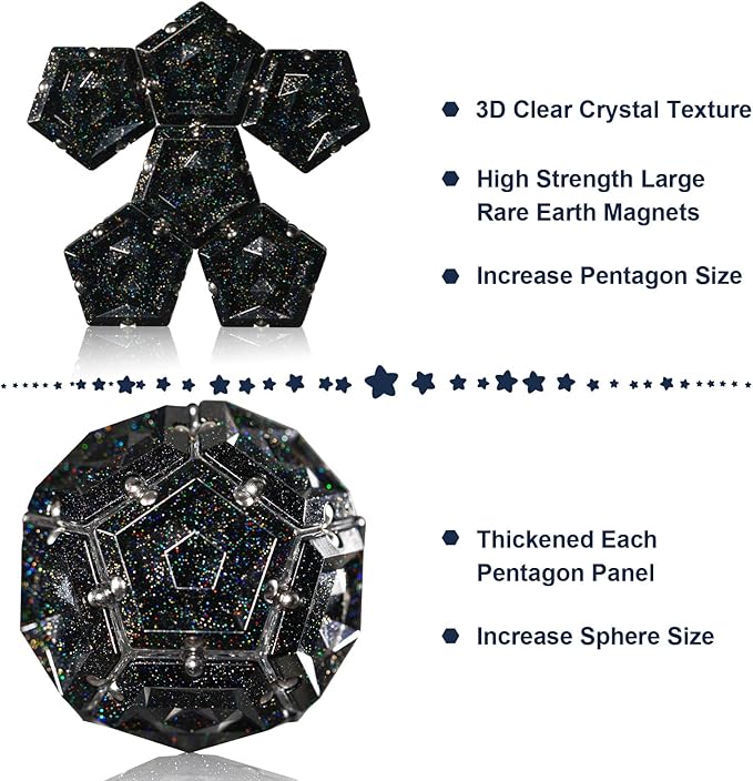 LAFFTRAK Magnetic Fidget Sphere - Holographic Glitter Crystal Black - Magnets Sensory Toys - 12 Piece Set - Creativity Beyond Imagination, Inspirational, Recreational, Fun Desk Toy for Adults