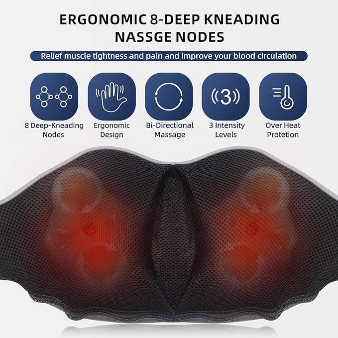 Cordless Rechargeable Shiatsu Neck & Shoulder Massager with Heat Therapy – Deep Kneading Massage for Pain Relief at Home, Office & Travel – for Men & Women