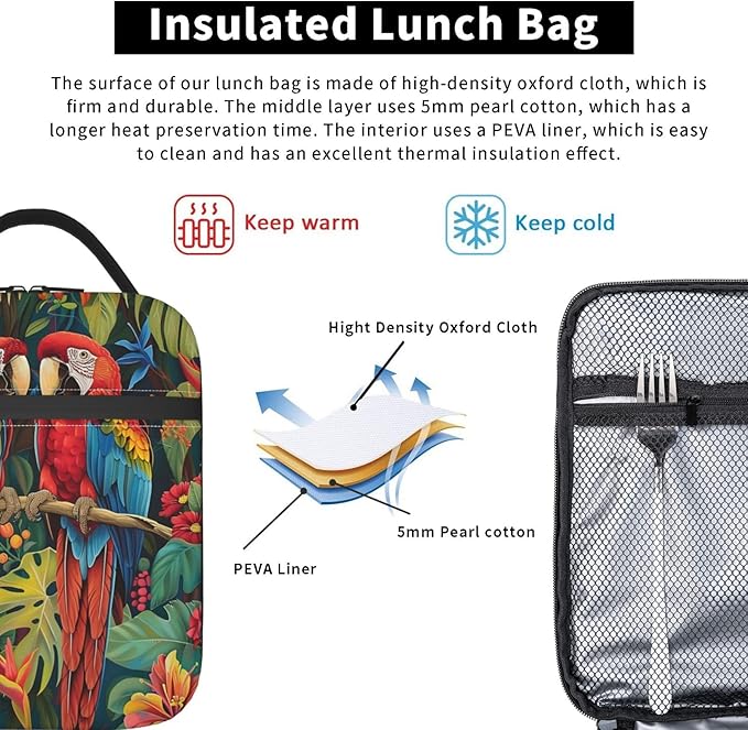 Lunch Box for Women Men, Parrot Bird Insulated Lunch Box Reusable Portable Lunch Bag Cooler Tote Waterproof Lunch Container for Office Picnic Work Travel Hiking