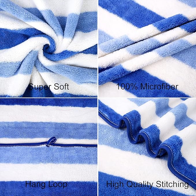 JML Microfiber Bath Towels, Bath Towel 2 Pack(30" x 60"), Oversized, Soft, Super Absorbent and Fast Drying, Multipurpose Use for Sports, Fitness, Yoga, Cabana Stripe Blue